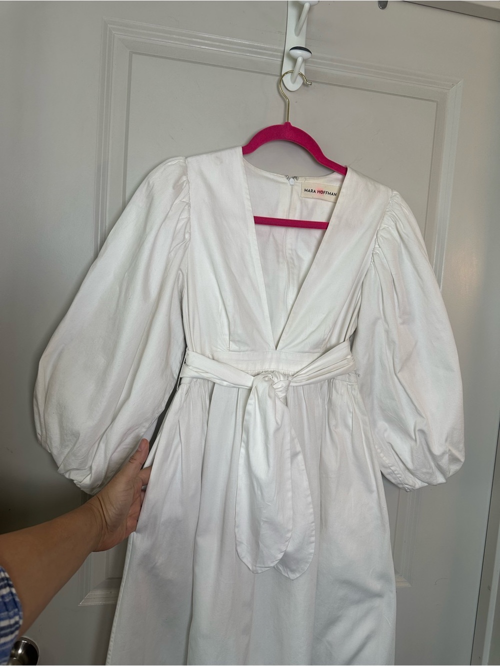 Mara Hoffman Maise Cotton Belted Deep V Puff Sleeves White Minimalist Dress, S - Picture 8 of 10